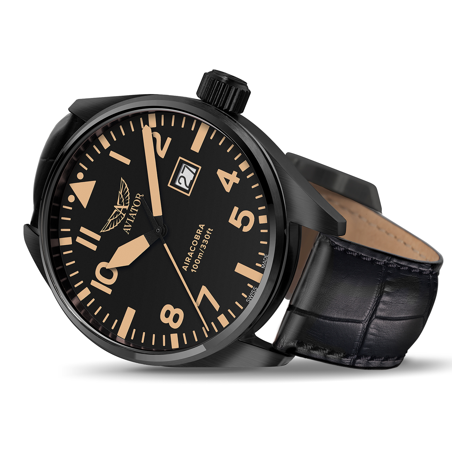 Aviator V12251574 zegarek czarny klasyczny Airacobra pasek - miniatura 2