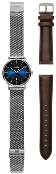 Mesh, Silver Blue Fume & Brown Leather Strap Gift Box Cluse CG20901 