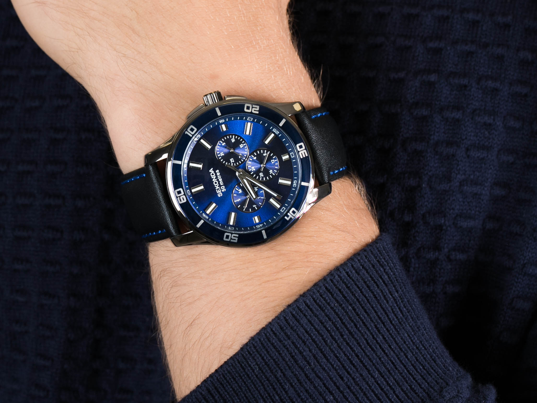Sekonda SEK.1634 Midnight Blue Mens Black Strap Dress Watch zegarek sportowy Chronograph - miniatura 2