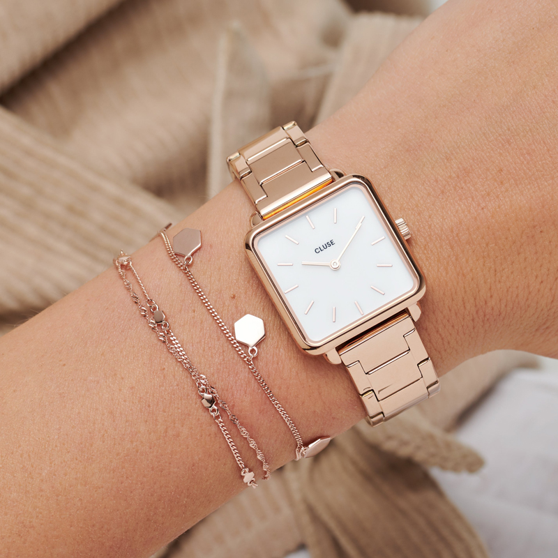 Cluse CL60027S La Tetragone Three Link Rose Gold/White Pearl zegarek damski klasyczny mineralne - miniatura 6