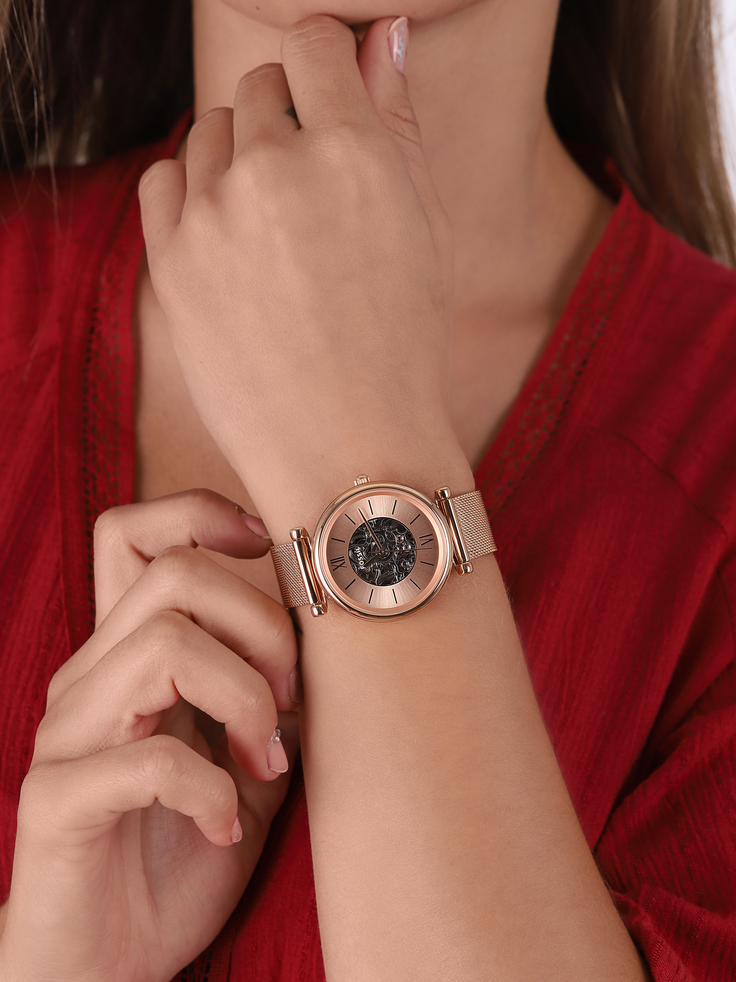 CARLIE AUTOMATIC Rose Gold Stainless Steel Mesh 35mm Fossil ME3175 - hover
