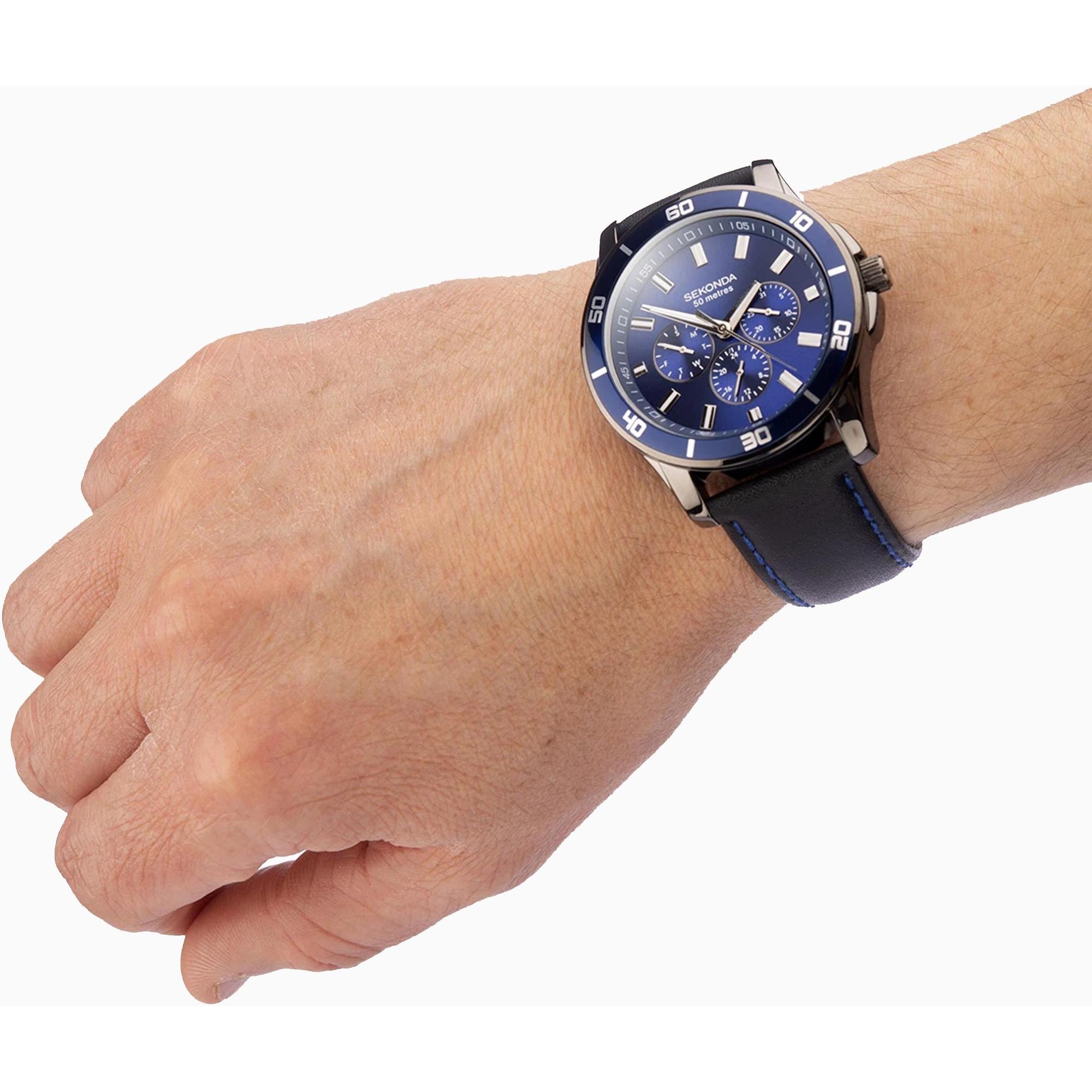 Sekonda SEK.1634 Chronograph Midnight Blue Mens Black Strap Dress Watch zegarek męski sportowy mineralne - miniatura 6