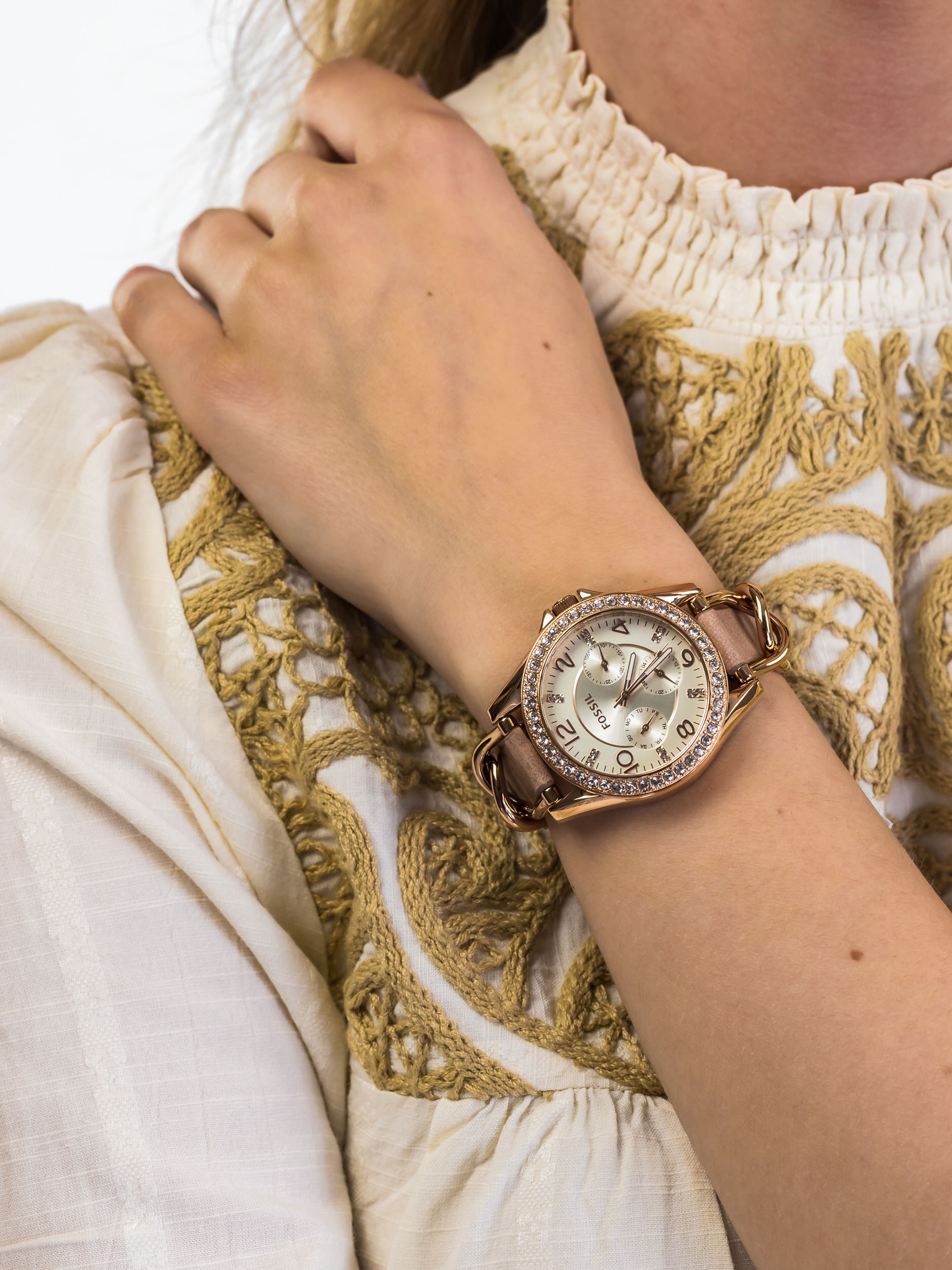 RILEY Rose Gold Stainless Steel and Brown Leather Strap 38mm Fossil ES3466 - hover